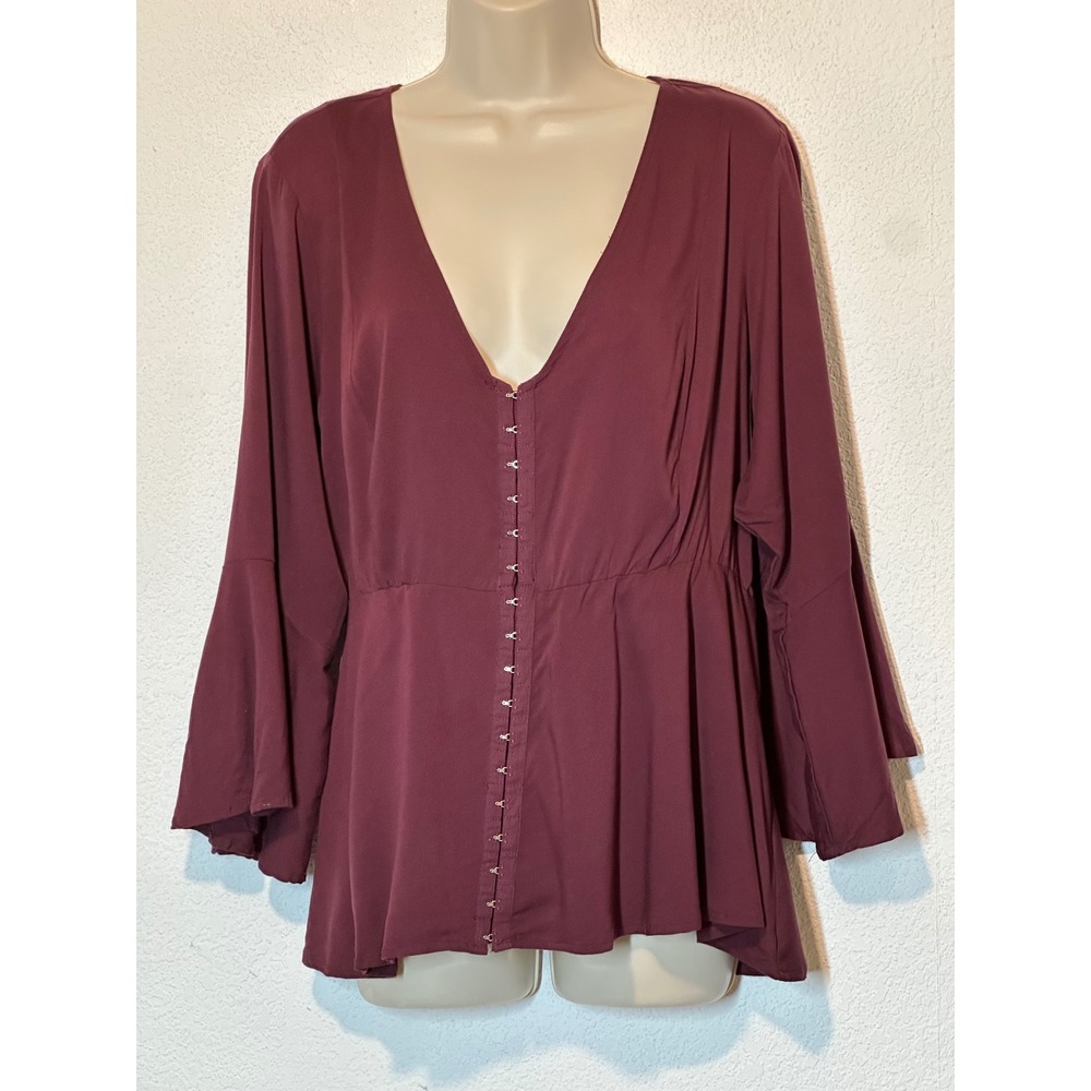 Womens Burgundy Bell Sleeve Hook Eye Babydoll Blouse Top Size 2 12596963